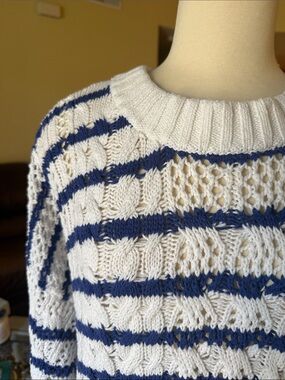 Sonoma White and Navy Striped Open-Knit Crew Sweater